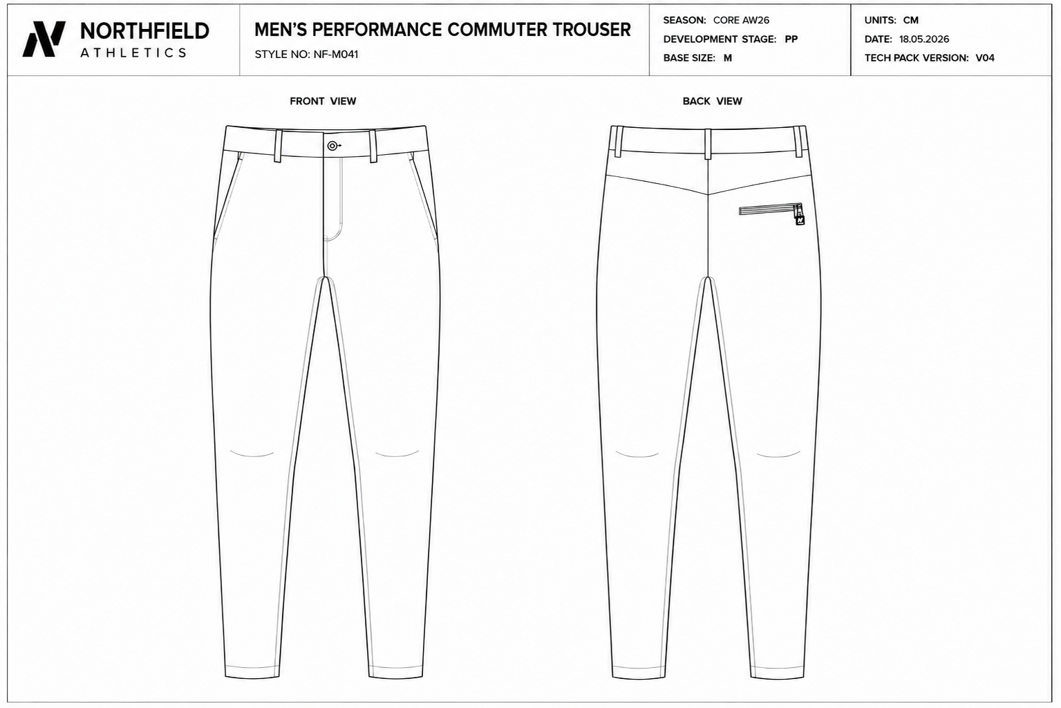 Northfield Athletics men's slim tapered performance commuter trouser front and back technical flats